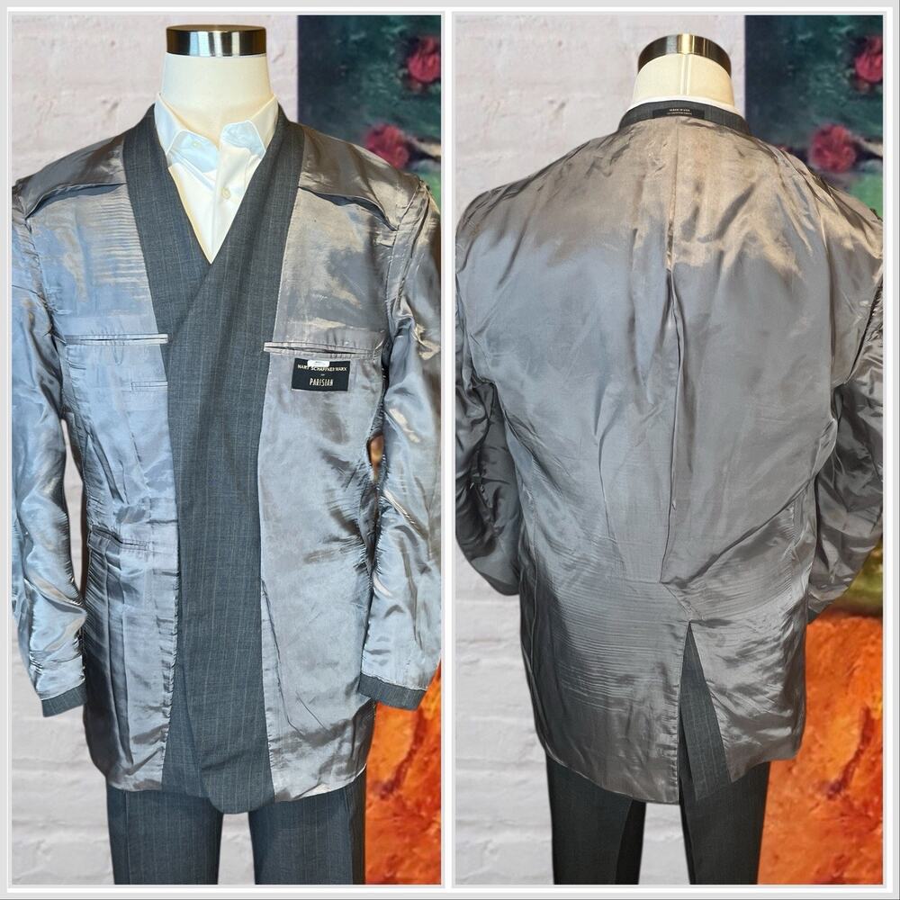 Hart Schaffner Marx 44L 37x30 Steel Gray Light Tan Stripe Suit Micro Hopsack - Picture 6 of 16